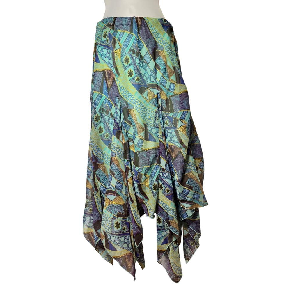 VTG Handkerchief Hem Abstract Asymmetrical Geometric Skirt Teal Purple One Size